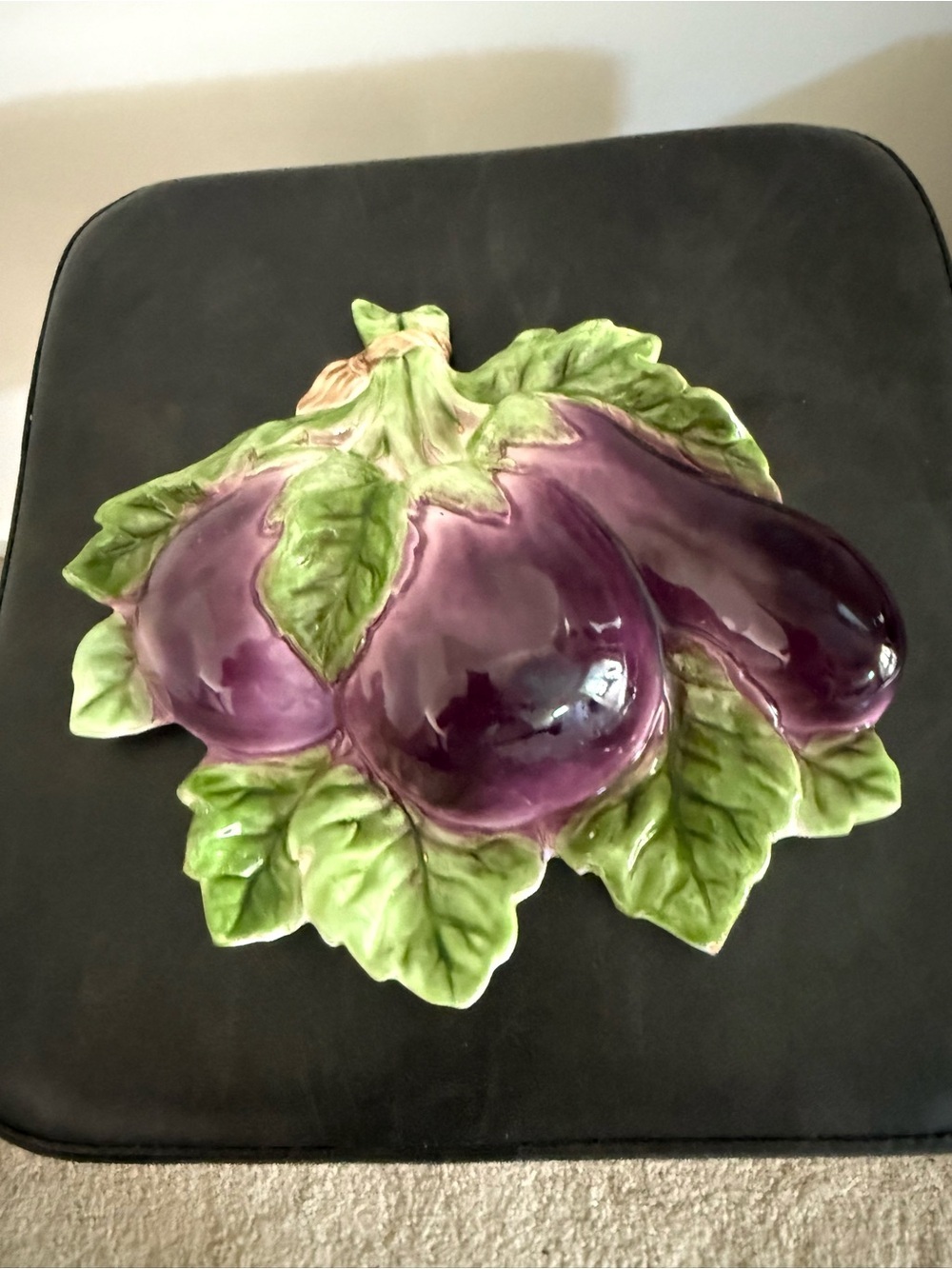 Vintage Hand-Painted Ceramic Eggplant Wall Plaque - Purple and Green